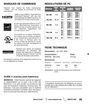 Page 3939Besoin d’aide? www.sanyoctv.com              1-800-877-5032
MARQUES DE COMMERCE RÉSOLUTIONS DE PC
FICHE TECHNIQUE
Alimentation :  AC 120V, 60Hz
Consommation : Poids:
DP50740   289 watts 37,0 kg.
Dimensiones:
MODÉLE LARGEUR HAUTEUR PROFONDEUR
DP50740 1245 842 360
sin base797 132
REMARQUE : toutes les dimensions sont millimètres
(mm).
GUIDE V (SURVEILLANCE PARENTALE)
REMARQUE :Cette fonction permet de respecter
la réglementation sur la puce V de la FCC des
États-Unis. Il se peut qu’elle ne fonctionne...