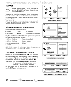 Page 5050Besoin d’aide? www.sanyoctv.com              1-800-877-5032
IMAGE FONCTIONNEMENT DU MENU À LÉCRAN
Montre le Menu dans l’écran et utilise les
touches CURSEURpour choisir Image.
Appuyer sur ENTER.
ÉCRAN DE MENU PRINCIPAL
Vous pouvez choisir entre Vivant, Doux,et Standard,
lesquels ont des valeurs prédéterminées pour l'image.
Ou, on peut choisir l’option Manuelavec des valeurs
personnalisées.
REMARQUE : Chaque entrée AV peut avoir son propre mode
d'image (prédéterminé ou manuel). Un marqueur...