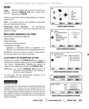 Page 5151Besoin d’aide? www.sanyoctv.com              1-800-877-5032
SON
Montre le Menu dans l’écran et utilise les
touches CURSEUR pour choisir Son.
Appuyer sur ENTER.
ÉCRAN DE MENU PRINCIPAL
ÉCRAN PARAMÈTRES MANUELS
ÉCRAN PARAMÈTRES MANUELS AVANCÉS
ÉCRAN EXEMPLES D'AJUSTEMENTS DE VALEUR
FONCTIONNEMENT DU MENU À LÉCRAN
RÉGLAGES MANUELS DU SON
Choisit une des deux options disponibles pour l'ajuste-
ment du son.
Auto– Les valeurs de son sont ajustées et associées
avec le mode actuel d'Image....