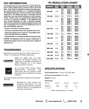 Page 33Need help? www.sanyoctv.com              1-800-877-5032
PC RESOLUTION CHART
FCC INFORMATION __________
This equipment has been tested and found to comply with the lim-
its for a Class B digital device, pursuant to Part 15 of the FCC
Rules.  These limits are designed to provide reasonable protec-
tion against harmful interference in a residential installation.
This equipment generates, uses and can radiate radio frequency
energy and, if not installed and used in accordance with the
instructions, may...