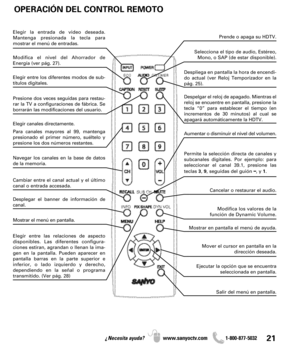 Page 2121¿Necesita ayuda? www.sanyoctv.com              1-800-877-5032
OPERACIÓN DEL CONTROL REMOTO
Prende o apaga su HDTV. Elegir la entrada de video deseada.
Mantenga presionada la tecla para
mostrar el menú de entradas.
Modifica el nivel del Ahorrador de
Energía (ver pág. 27).Selecciona el tipo de audio, Estéreo,
Mono, o SAP (de estar disponible).
Despliega en pantalla la hora de encendi-
do actual (ver Reloj Temporizador en la
pág. 25). Elegir entre los diferentes modos de sub-
títulos digitales.
Presione...
