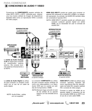 Page 2323¿Necesita ayuda? www.sanyoctv.com              1-800-877-5032
PARA COMENZAR
CONEXIONES DE AUDIO Y VIDEO
Conexiones deCOMPONENTEaceptan señales de
video SDTV, EDTV y HDTV. Utilícelas para  obtener
una muy buena calidad de imagen de dispositivos
digitales tales como un reproductor DVD o consola
de video juegos.HDMI (DVI) INPUT1 puede ser usado para conectar un
aparato DVI utilizando un cable DVI a HDMI o un adapta-
dor apropiado. (La entrada  de AUDIO DVI también debe
ser conectada al aparato DVI.)
NOTA:...