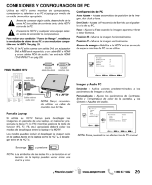 Page 2929¿Necesita ayuda? www.sanyoctv.com              1-800-877-5032
CONEXIONES Y CONFIGURACION DE PC
Configuración de PC
Auto Ajuste –Ajuste automático de posición de la ima-
gen, dot clock y fase.
Dot Clock –Ajusta la Frecuencia de Barrido para igualar-
la a la de su PC.
Fase –Ajuste la Fase cuando la imagen aparenta vibrar
o estar borrosa.
Posición-H –Mueva la imagen horizontalmente.
Posición-V –Mueva la imagen verticalmente.
Ahorro de energía –Habilita a la HDTV entrar en modo
de espera mientras la PC no...