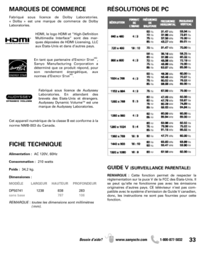 Page 3333Besoin d’aide? www.sanyoctv.com              1-800-877-5032
MARQUES DE COMMERCE RÉSOLUTIONS DE PC
FICHE TECHNIQUE
Alimentation :  AC 120V, 60Hz
Consommation :  210 watts
Poids :34,2 kg.
Dimensiones :
MODÉLE LARGEUR HAUTEUR PROFONDEUR
DP50741 1238 838 283
sans base 787 106
REMARQUE : toutes les dimensions sont millimètres
(mm).
GUIDE V (SURVEILLANCE PARENTALE)
REMARQUE :Cette fonction permet de respecter la
réglementation sur la puce V de la FCC des États-Unis. Il
se peut qu’elle ne fonctionne pas avec...