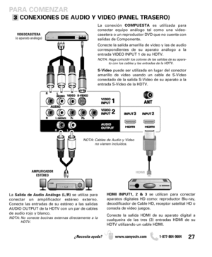 Page 2727¿Necesita ayuda? www.sanyoctv.com              1-877-864-9604
La conexión COMPUESTAes utilizada para
conectar equipo análogo tal como una video-
casetera o un reproductor DVD que no cuente con
salidas de Componente.
Conecte la salida amarilla de video y las de audio
correspondientes de su aparato análogo a la
entrada VIDEO INPUT 1 de su HDTV.
NOTA: Haga coincidir los colores de las salidas de su apara-
to con los cables y las entradas de la HDTV.
S-Videopuede ser utilizada en lugar del conector...