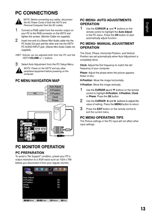Page 1413
EnglishNOTE: Before connecting any cables, disconnect the AC Power Cords of both the HDTV and 
Personal Computer from the AC outlets.
1 Connect a RGB cable from the monitor output on 
your PC to the RGB connector on the HDTV and 
tighten the screws. (Monitor Cable not supplied).
2 Insert one end of a Stereo Mini-Audio cable into the 
PC Audio Out jack and the other end into the HDTV 
PC AUDIO INPUT jack. (Stereo Mini-Audio Cable not 
supplied).
HINT:  Volume  can  be  adjusted  both  from  the  PC...