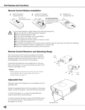 Page 1818
Projection angle can be adjusted up to 5.0 degrees with the
adjustable feet. 
Rotate the adjustable feet and tilt the projector to the proper
height; to raise the projector, rotate the both feet clockwise.
To lower the projector or to retract the adjustable feet,
rotate the both feet counterclockwise.
To correct keystone distortion, press the KEYSTONE button
on the remote control or select Keystone from the menu
(see pages 15, 32, 50).
Adjustable Feet
Adjustable Feet
Part Names and Functions
To insure...