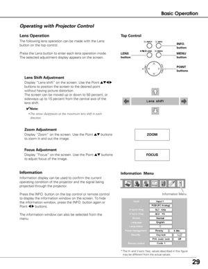 Page 2929
Basic Operation
The following lens operation can be made with the Lens
button on the top control. 
Press the Lens button to enter each lens operation mode.
The selected adjustment display appears on the screen.
Operating with Projector Control
Display “Lens shift” on the screen. Use the Point ed7 8
buttons to position the screen to the desired point
without having picture distortion. 
The screen can be moved up or down to 50 percent, or
sideways up to 15 percent from the central axis of the
lens...