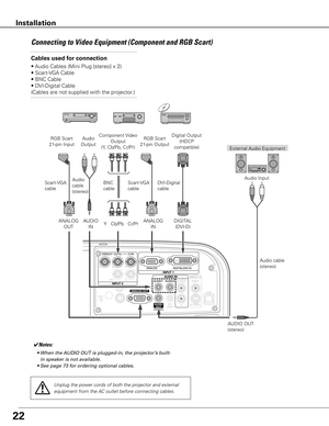 Page 22

Connecting	to	Video	Equipment	(Component	and	RGB	Scart)
Cables used for connection	
•	Audio	Cables	(Mini	Plug	[stereo]	x	2)
•	Scart-VGA	Cable
•	BNC	Cable
•	DVI-Digital	Cable
(Cables	are	not	supplied	with	the	projector.)
External	 Audio	Equipment
Audio	cable	
(stereo)
Audio	Input
Component	
Video	
Output
(Y,	Cb/Pb,	Cr/Pr)
RGB	Scart		
21-pin	Input Audio	
Output
Scart-VGA	
cable
AUDIO	OUT	
(stereo)
Audio	
cable	
(stereo)AUDIO	
IN
ANALOG	OUTY			Cb/Pb			Cr/PrANALOG	
IN
Scart-VGA	
cable
BNC	cable...