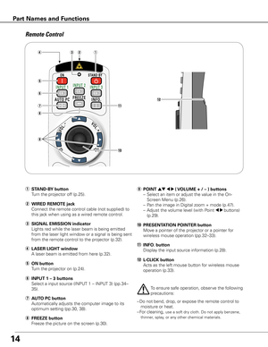 Page 14
14
o
t
y
q	STAND-B y button
	 Turn	the	projector	off	(p.25).
t  ON button
	 Turn	the	projector	on	(p.24).
y	INPUT 1 – 3 buttons
	 Select	a	input	source	(INPUT	1	–	INPUT	3)	(pp.34–
35).
u	AUTO PC button
	 Automatically	adjusts	the	computer	image	to	its	 optimum	setting	(pp.30,	38).
i FREEZE button
	 Freeze	the	picture	on	the	screen	(p.30).
o	 POINT ed	7 8 ( VOLUME + / – ) buttons
	 –	 Select	an	item	or	adjust	the	value	in	the	On- Screen	Menu	(p.26).
	 –	 Pan	the	image	in	Digital	zoom	+	mode	(p.47).
	 –...