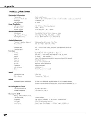 Page 72
7
Technical	Specifications
Mechanical Information 
	 Projector	Type	 	 	 Multi-media	Projector	
	 Dimensions	(W	x	H	x	D)	 	 13.7”	x	6.46”	x.17.48”	(348.1	mm	x	164	mm	x	444	mm)	(Not	including	adjustable	feet)
	
	 Net	 Weight	 	 	 17.86	lbs	(8.1	kg)
	
	 Feet	 Adjustment	 	 	 0˚	to	5.0˚	 	 	 	 	 	 	 	 	
Panel Resolution 
	 LCD	Panel	System	 	 	 1.0”	 TFT	Active	Matrix	type,	3	panels		
	 Panel	Resolution	 	 	 1,024	x	768	dots
	
	 Number	of	Pixels	 	 	 2,359,296	(1,024	x	768	x	3	panels)...