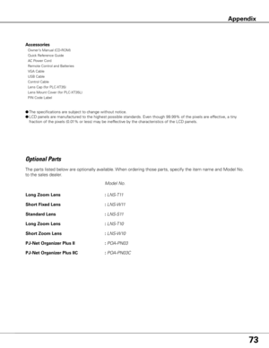 Page 73
73
     Model No.
Long Zoom Lens    : 
LNS-T11 
Short Fixed Lens    : 
LNS-W11 
Standard Lens    : 
LNS-S11 
Long Zoom Lens    : 
LNS-T10 
Short Zoom Lens    : 
LNS-W10 
Pj-Net Organizer Plus II     : 
POA-PN03 
Pj-Net Organizer Plus IIC     : 
POA-PN03C 
The	parts	listed	below	are	optionally	available.	 When	ordering	those	parts,	specify	the	item	name	and	Model	No.	
to	the	sales	dealer.
Optional	Parts
Accessories
	 Owner’s	Manual	(CD-ROM)	
	 Quick	Reference	Guide
	
	 AC	Power	Cord
	
	 Remote	Control...