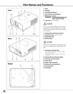 Page 10
10
Bottom
Back
q	Filter
w	Speaker
e Lens Release Button
r	Top Controls and Indicators
t  Maintenance Cover
  WARNING:  FOR MAINTENANCE USE   
  ONLy . DO NOT OPEN .
y	Lens Cap  (for	PLC-XT35)
!7
!4!6!5
!2
!3
	CAUTION
Hot	air	is	exhausted	from	the	exhaust	vent.		
Do	not	put	heat-sensitive	objects	near	this	
side.
u
e
rt
y
Front
!0o
qw
i✽
o
!1	Infrared Remote Receiver (Back)
!2  Terminals and Connectors
!3  Lamp Cover
!4  Power Cord Connector
!5  Optional Parts Attachment
!6  Air Intake Vent
!7	Hand Grip...