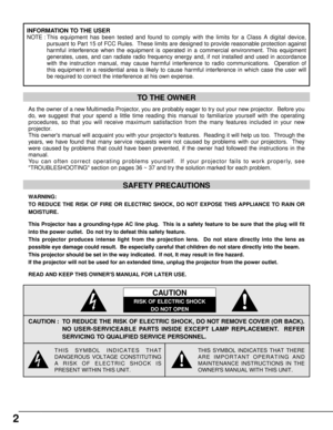 Page 22
INFORMATION TO THE USER
NOTE : This equipment has been tested and found to comply with the limits for a Class A digital device,
pursuant to Part 15 of FCC Rules.  These limits are designed to provide reasonable protection against
harmful interference when the equipment is operated in a commercial environment. This equipment
generates, uses, and can radiate radio frequency energy and, if not installed and used in accordance
with the instruction manual, may cause harmful interference to radio...