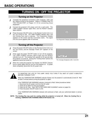 Page 2121
BASIC OPERATIONS
Turning on the Projector
Connect the projectors AC power cord into a wall outlet.  The
LAMP POWER indicator lights RED, and the READY indicator
lights GREEN.
Press the power ON-OFF button on the Remote Control Unit or on
the Top Control to ON.  The LAMP POWER indicator dims, and
the Cooling Fans start to operate.  The Preparation Display
appears on the screen and the count-down starts.  The signal
from the source appears after 30 seconds.
2
3
Turning off the Projector
Press the power...