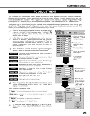 Page 2525
COMPUTER MODE
PC ADJUSTMENT
This Projector can automatically detect display signals from most personal computers currently distributed.
However, some computers employ special signal formats which are different from the standard ones and may
not be detected by this projector.  If this happens, the projector cannot reproduce a proper image and the image
is recognized as a flickering picture, a non-synchronized picture, a non-centered picture or a skewed picture.
The number of the total vertical lines....