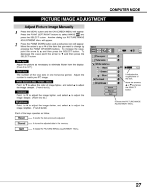 Page 2727
COMPUTER MODE
PICTURE IMAGE ADJUSTMENT
Press the MENU button and the ON-SCREEN MENU will appear.
Press the POINT LEFT/RIGHT buttons to select IMAGE  and
press the SELECT button.  Another dialog box PICTURE IMAGE
ADJUSTMENT Menu will appear. 
Press the POINT DOWN button and a red-arrow icon will appear.
Move the arrow to 
sor tof the item that you want to change by
pressing the POINT UP/DOWN buttons.  To increase the value,
point the arrow to 
sand then press the SELECT button.  To
decrease the value...