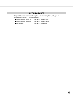 Page 3939
OPTIONAL PARTS
The parts listed below are optionally supplied.  When ordering those parts, give the
name and the Type No. of it to the sales dealer.
lControl Cable for Serial Port Type No. : POA-MC12SRL
lControl Cable for ADB Port Type No. : POA-MC12MAC
lMAC Adapter Type No. : POA-MACAP 