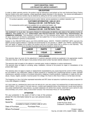 Page 401YEAR
In order to obtain warranty service, the product must be delivered to and picked up from and Authorized Sanyo Factory
Service Center at the users expense, unless specifically stated otherwise in this warranty.  the names and addresses of
authorized Sanyo Service Centers may be obtained by calling the toll-free number listed below.
Subject to the OBLIGATIONS above and EXCLUSIONS below, SANYO  FISHER COMPANY (SFC) warrants this
SANYO product against defects in materials and workmanship for the...