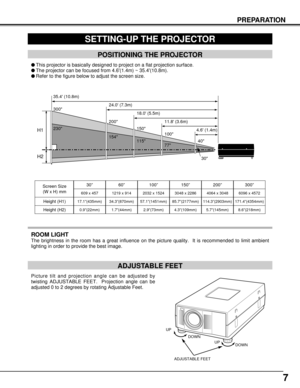 Page 77
PREPARATION
SETTING-UP THE PROJECTOR
POSITIONING THE PROJECTOR
ROOM LIGHT
The brightness in the room has a great influence on the picture quality.  It is recommended to limit ambient
lighting in order to provide the best image.
ADJUSTABLE FEET
Picture tilt and projection angle can be adjusted by
twisting ADJUSTABLE FEET.  Projection angle can be
adjusted 0 to 2 degrees by rotating Adjustable Feet.
UP
UP DOWN
DOWN
ADJUSTABLE FEET
lThis projector is basically designed to project on a flat projection...