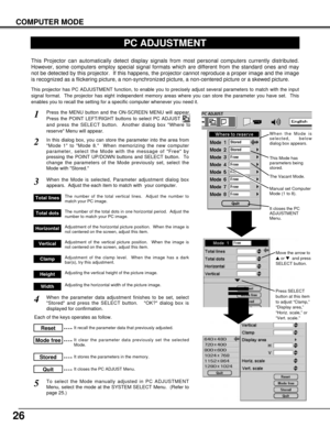 Page 2626
COMPUTER MODE
PC ADJUSTMENT
This Projector can automatically detect display signals from most personal computers currently distributed.
However, some computers employ special signal formats which are different from the standard ones and may
not be detected by this projector.  If this happens, the projector cannot reproduce a proper image and the image
is recognized as a flickering picture, a non-synchronized picture, a non-centered picture or a skewed picture.
The number of the total vertical lines....