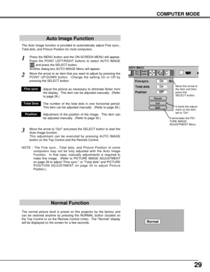 Page 2929
COMPUTER MODE
The Auto Image function is provided to automatically adjust Fine sync.,
Total dots, and Picture Position for most computers.
Press the MENU button and the ON-SCREEN MENU will appear.
Press the POINT LEFT/RIGHT buttons to select AUTO IMAGE
and press the SELECT button.  
Another dialog box AUTO IMAGE Menu will appear. 
Move the arrow to an item that you want to adjust by pressing the
POINT UP/DOWN button.  Change the setting On or Off by
pressing the SELECT button.  
1
2
Auto Image...