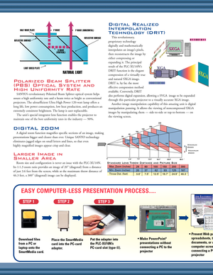 Page 3Polarized Beam Splitter
(PBS) Optical System and
High Uniformity Rate
SANYO’s revolutionary Polarized Beam Splitter optical system helps
assure a high uniformity rate and a beam twice as bright as conventional
projectors. The ultraefficient Ultra High Power 120-watt lamp offers a
long life, low power consumption, low heat production, and produces an
extremely consistent brightness. The lamp is user replaceable.
The unit’s special integrator lens function enables the projector to
maintain one of the best...