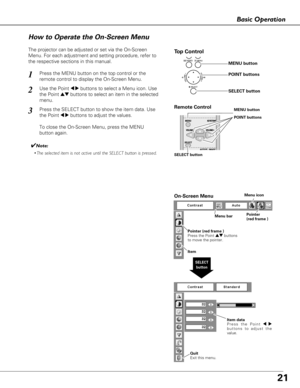 Page 2121
Basic Operation
Menu barPointer
(red frame )
Menu icon
Item data
Press the Point  7 8
buttons to adjust the
value.
SELECT
button
Pointer (red frame )
Press the Point  edbuttons
to move the pointer.
Item
On-Screen Menu
Quit  
Exit this menu.
SELECT button
POINT buttons
Remote ControlMENU button
How to Operate the On-Screen Menu
The projector can be adjusted or set via the On-Screen
Menu. For each adjustment and setting procedure, refer to
the respective sections in this manual.
Use the Point 
7...