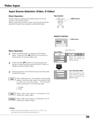 Page 3535
Choose Video by pressing the VIDEO button on the top
control or the remote control.
Before using these buttons, correct input source should be
selected through menu operation as described below.
Press the MENU button to display the On-Screen
Menu.  Press the Point
7 8buttons to move the red
frame pointer to the Input Menu icon.
Press the Point edbuttons to move the red arrow
pointer to Video and then press the SELECT button to
display the Source Select Menu . 
1
2
Move the pointer to
Video and press...