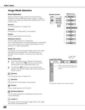 Page 3838
Move the red frame pointer to a
mode and press the SELECT
button.
The selected image mode is check marked.
Image Select Menu
Image Select 
Menu icon
IMAGE button
Dynamic
Cinema
Image 1
Image 2
Image 3
Image 4
Image Mode Selection 
Blackboard (Green)
Standard
Remote Control
IMAGE
button
Video Input
Standard
Cinema
Blackboard(Green)
For viewing with the user preset image mode in the Image
Adjust Menu (see page 39–40).Image1–4
Select the desired image mode from among Dynamic,
Standard, Cinema, Blackboard...