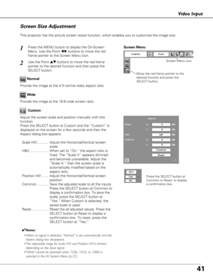 Page 4141
Video Input
This projector has the picture screen resize function, which enables you\
 to customize the image size.Wide Normal
Screen Size Adjustment
Adjust the screen scale and position manually with this
function.
Press the SELECT button at Custom and the “Custom” is
displayed on the screen for a few seconds and then the
Aspect dialog box appears.Scale H/V............ Adjust the Horizontal/Vertical screen scale.
H&V.................... When set to “On,” the aspect ratio is fixed. The “Scale V”...