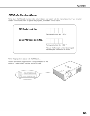 Page 6565
Appendix
Write down the PIN code number in the column below and keep it with this\
 manual securely. If you forgot or
lost the number and unable to operate the projector, contact the service\
 station. 
PIN Code Number Memo
Factory default set No:  1 2 3 4*Factory default set No:  4 3 2 1*
*Should the four-digit number be changed,
the factory set number will be invalid.
Put the label below (supplied) on in a prominent place of the
projectors body while it is locked with a PIN code.
While the projector...