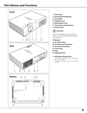 Page 99
Bottom Back
qZoom Ring
w Infrared Remote Receiver
e Focus Ring
r Projection Lens
t Slide Shutter Lever
y Top Controls and Indicators
u Exhaust Vent
i
!4
!3!2
!1
CAUTION
Hot air is exhausted from the exhaust
vents. Do not put heat-sensitive objects
near this side.
erty
Fr ont
! 0o
qw
u
oo
!4
i Speaker
o Air Intake Vents
! 0Terminals and Connectors
! 1Power Cord Connector
! 2Lamp Cover
! 3Filter
! 4Adjustable Feet
✽ Kensington Security Slot
This slot is for a Kensington lock used to deter
theft of the...