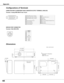 Page 64Dimensions
64
Appendix
Terminal : Mini DIN 8-PIN
12345876
SERVICE PORT CONNECTOR
R X D
-----
-----
GND
RTS / CTS
GND
GND
Serial
1
2
3
4
5
6
7
8
COMPUTER INPUT/COMPONENT INPUT/MONITOR OUTPUT TERMINAL (ANALOG)
Terminal : Analog RGB (Mini D-sub 15 pin)
512341096781514131112
Configurations of Terminals
Red (R/Cr) Input / Output
Ground (Horiz.sync.)
Green (G/Y) Input / Output
-----
Blue (B/Cb) Input / Output
Ground (Red)
Ground (Green)
Ground (Blue)
1
5
2
4
3
6
7
8
5V
Horiz. sync. Input/Output (Composite H/V...