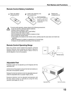 Page 13
13

Part Names and Functions
Adjustable Feet
Point  the  remote  control  toward  the  projector  (Infrared 
Remote  Receiver)  when  pressing  the  buttons.  Maximum 
operating  range  for  the  remote  control  is  about  16.4'(5  m) 
and 60 degrees in front of the projector.
Remote Control Operating Range
Projection angle can be adjusted up to 8.9 degrees with the 
adjustable feet. 
Lift the front of the projector and pull the feet lock latches on 
both side of the projector upward.
Release the...