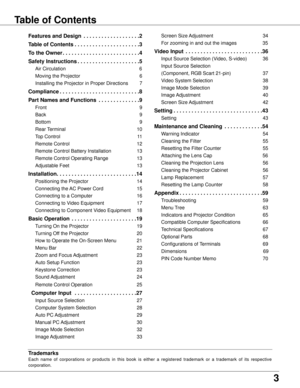 Page 3
3

Table of Contents
Trademarks
Each  name  of  corporations  or  products  in  this  book  is  either  a  registered  trademark  or  a  trademark  of  its  respective 
corporation.
Features and Design  .  .  .  .  .  .  .  .  .  .  .  .  .  .  .  .  .  .  .
Table of Contents .  .  .  .  .  .  .  .  .  .  .  .  .  .  .  .  .  .  .  .  .  .3
To the Owner .  .  .  .  .  .  .  .  .  .  .  .  .  .  .  .  .  .  .  .  .  .  .  .  .  .4
Safety Instructions .  .  .  .  .  .  .  .  .  .  .  .  .  .  .  .  ....