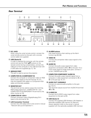 Page 1111
Part Names and Functions
! 3S-VIDEO IN
Connect the S-VIDEO output signal from video
equipment to this jack (p.20).
! 0AUDIO IN
Connect the audio output signal from video
equipment connected to  oor !3to this jack. For a
mono audio signal (a single audio jack), connect it
to the L (MONO) jack (p.20).
! 1COMPUTER/COMPONENT AUDIO IN
Connect the audio output (stereo) signal from a
computer or video equipment connected to  ror
y to this jack (pp.19, 21).
o VIDEO IN
Connect the composite video output signal...