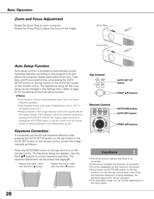 Page 2626
Basic Operation
If a projected picture still has keystone distortion after
pressing the AUTO SETUP button on the top control or the
AUTO SET button on the remote control, correct the image
manually as follows:
Press the KEYSTONE button on the top control or on the
remote control. The Keystone dialog box appears. Use the
Point 
edbuttons to correct keystone distortion. The
keystone adjustment can be stored (see page 48).
Auto setup function is provided to automatically correct
Keystone distortion...