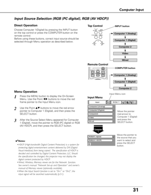 Page 3131
Computer Input
Choose Computer 1(Digital) by pressing the INPUT button
on the top control or press the COMPUTER button on the
remote control.
Before using these buttons, correct input source should be
selected through Menu operation as described below.
Press the MENU button to display the On-Screen
Menu. Use the Point 
7 8buttons to move the red
frame pointer to the Input Menu icon.1Input Menu
Use the Point edbuttons to move the red arrow
pointer to Computer 1 (Digital), and then press the
SELECT...