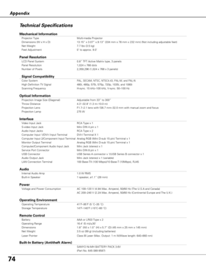 Page 7474
AppendixTechnical Specifications
Mechanical Information
Projector Type Multi-media Projector
Dimensions (W x H x D) 13.15” x 3.07” x.9.13” (334 mm x 78 mm x 232 mm) (Not includ\
ing adjustable feet)
Net Weight 7.7 lbs (3.5 kg)
Feet Adjustment 0˚ to approx. 9.0˚
Panel Resolution
LCD Panel System 0.8” TFT Active Matrix type, 3 panels 
Panel Resolution 1,024 x 768 dots
Number of Pixels 2,359,296 (1,024 x 768 x 3 panels)
Signal Compatibility
Color SystemPAL, SECAM, NTSC, NTSC4.43, PAL-M, and PAL-N
High...