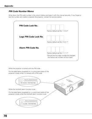 Page 7878
Appendix
Write down the PIN code number in the column below and keep it with this\
 manual securely. If you forgot or
lost the number and unable to operate the projector, contact the service\
 station. 
PIN Code Number Memo
Factory default set No: 1 2 3 4*
Factory default set No: 4 3 2 1*
*Should the four-digit number be changed, the factory set number will be invalid.
Put the label below (supplied) on in a prominent place of the
projector’s body while it is locked with a PIN code.
While the projector...