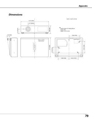 Page 7979
Dimensions
9.13 (232)5.51 (140)
2.78 (70.5)
3.66 (93)
2.14 (54.3)
13.15 (334)
3.17 (80.5)
5.20 (132)
4.43 (112.5)
5.08 (129)
8.9º MAX
Screw Holes for Ceiling Mount
Screw: M4
Depth: 0.472 (12.0)
Unit: inch (mm)
Appendix 