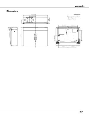 Page 77
77

Appendix
Dimensions
10.2 (257.5) 
13.15(334)
2.0(51.3)
3.17(80.5)
3.1(78)
5.1(129.0)5.2(132.0)
2.8(70.5)
5.1(129.0)4.4(112.5)
5.5(140.0)
3.6(91.3)
Unit:	inch(mm)
Screw	Holes	for	Ceiling	Mount
Screw:	M4
Depth:	0.472(12.0) 