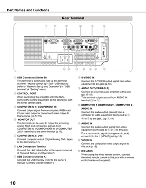 Page 10
10

Part Names and Functions
Rear Terminal 
⑧ S-VIDEO IN
 Connect the S-VIDEO output signal from video 
equipment to this jack (p.18).
⑪ AUDIO IN
 Connect the audio output signal from video 
equipment connected to ⑧ or ⑫ to this jack. 
For a mono audio signal (a single audio jack), 
connect it to the L (MONO) jack (p.18).
⑩ COMPUTER  1  COMPONENT  /  COMPUTER   
AUDIO IN
 Connect the audio output (stereo) from a 
computer or video equipment connected to ③, 
④ or ⑤ to this jack. (pp17, 19)
⑫ VIDEO...