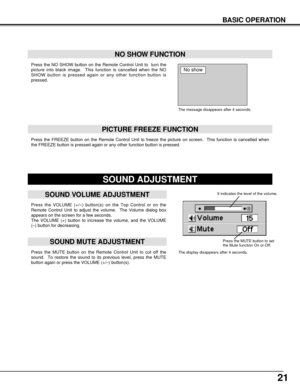 Page 2121
BASIC OPERATION
Press the VOLUME (+/–) button(s) on the Top Control or on the
Remote Control Unit to adjust the volume.  The Volume dialog box
appears on the screen for a few seconds.
The VOLUME (+) button to increase the volume, and the VOLUME
(–) button for decreasing.
Press the MUTE button on the Remote Control Unit to cut off the
sound.  To restore the sound to its previous level, press the MUTE
button again or press the VOLUME (+/–) button(s).
SOUND ADJUSTMENT
Press the FREEZE button on the...