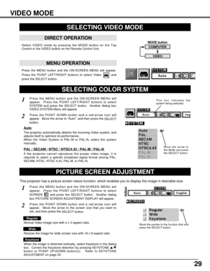 Page 2929
MODE button
VIDEO MODE
Press the MENU button and the ON-SCREEN MENU will appear.
Press the POINT LEFT/RIGHT buttons to select Video  and
press the SELECT button.  
SELECTING VIDEO MODE
DIRECT OPERATION
Select VIDEO mode by pressing the MODE button on the Top
Control or the VIDEO button on the Remote Control Unit.
MENU OPERATION
COMPUTER
VIDEO
SELECTING COLOR SYSTEM
Press the MENU button and the ON-SCREEN MENU will
appear.  Press the POINT LEFT/RIGHT buttons to select
SYSTEM and press the SELECT...