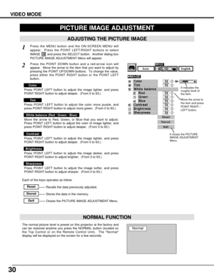 Page 3030
VIDEO MODE
PICTURE IMAGE ADJUSTMENT
Each of the keys operates as follow.
Press the MENU button and the ON-SCREEN MENU will
appear.  Press the POINT LEFT/RIGHT buttons to select
IMAGE  and press the SELECT button.  Another dialog box
PICTURE IMAGE ADJUSTMENT Menu will appear. 
Press the POINT DOWN button and a red-arrow icon will
appear.  Move the arrow to the item that you want to adjust by
pressing the POINT UP/DOWN buttons.  To change the value,
press either the POINT RIGHT button or the POINT LEFT...