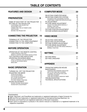 Page 44
TABLE OF CONTENTS
FEATURES AND DESIGN 5
BEFORE OPERATION 14COMPUTER MODE 22
VIDEO MODE 29
SETTING 31
APPENDIX 32 PREPARATION 6
NAME OF EACH PART OF THE PROJECTOR 6
SETTING-UP THE PROJECTOR 7
POSITIONING THE PROJECTOR 7
ADJUSTABLE FEET 7
CONNECTING THE AC POWER CORD 8
VENTILATION 8
MOVING THE PROJECTOR 9
CONNECTING THE PROJECTOR10
TERMINALS OF THE PROJECTOR 10
CONNECTING TO THE VIDEO EQUIPMENT 11
CONNECTING TO THE COMPUTER 12
OPERATION OF THE REMOTE CONTROL 14
LASER POINTER FUNCTION 14
REMOTE CONTROL...