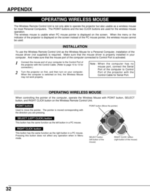 Page 3232
APPENDIX
OPERATING WIRELESS MOUSE
INSTALLATION
The Wireless Remote Control Unit is not only able to operate the projector but also usable as a wireless mouse
for most Personal Computers.  The POINT buttons and the two CLICK buttons are used for the wireless mouse
operation.
The wireless mouse is usable when PC mouse pointer is displayed on the screen.  When the menu or the
indicator of the projector is displayed on the screen instead of the PC mouse pointer, the wireless mouse cannot
be used.
Connect...