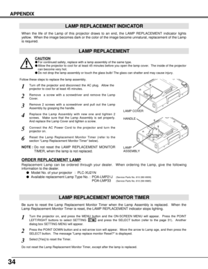 Page 3434
APPENDIX
LAMP REPLACEMENT INDICATOR
When the life of the Lamp of this projector draws to an end, the LAMP REPLACEMENT indicator lights
yellow.  When the image becomes dark or the color of the image become unnatural, replacement of the Lamp
is required.
Turn off the projector and disconnect the AC plug.  Allow the
projector to cool for at least 45 minutes.
Remove 2 screws with a screwdriver and pull out the Lamp
Assembly by grasping the handle.
1
3
LAMP REPLACEMENT MONITOR TIMER
Replace the Lamp...